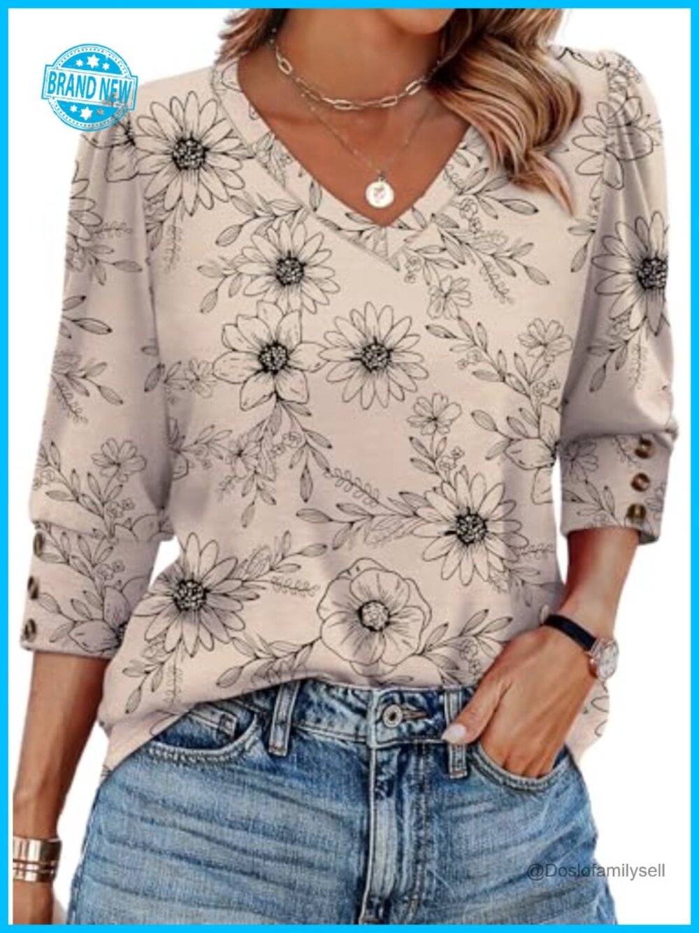 Womens 3/4 Sleeve V Neck Tunic Blouse with Buttons Casual Top